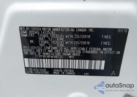 2015 Toyota Rav4 Limited z USA, uszkodzony, nr VIN 2T3YFREV6FW166733